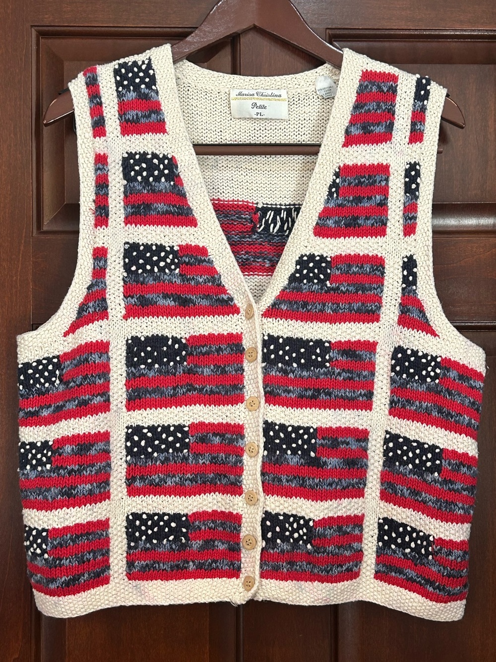 Vintage Marisa Christina Petite American Flag Knit Sweater Vest USA Patriotic PL